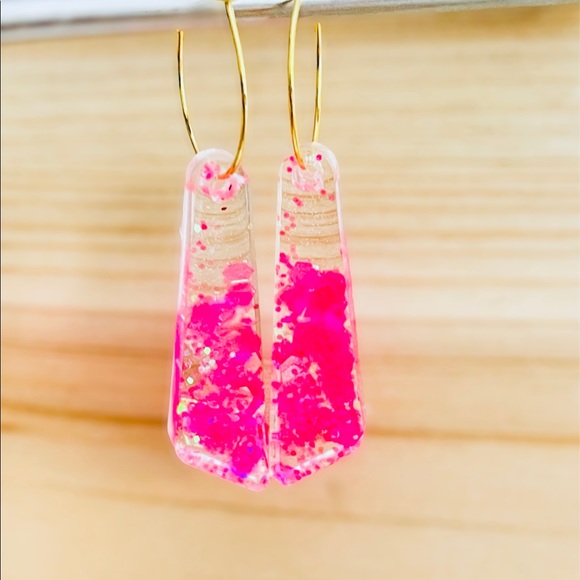 BOUTIQUE Resin Drop Earrings, Holographic Mixed Pink Chunky Glitter, Fun Hoops - Picture 11 of 11